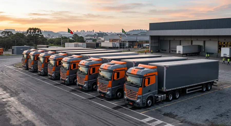 Frota de caminhões cinza e laranja estacionada no pátio da empresa